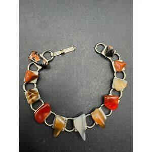 Vintage Multi Color Agate Stone Link Silver Tone Bracelet Size 7"